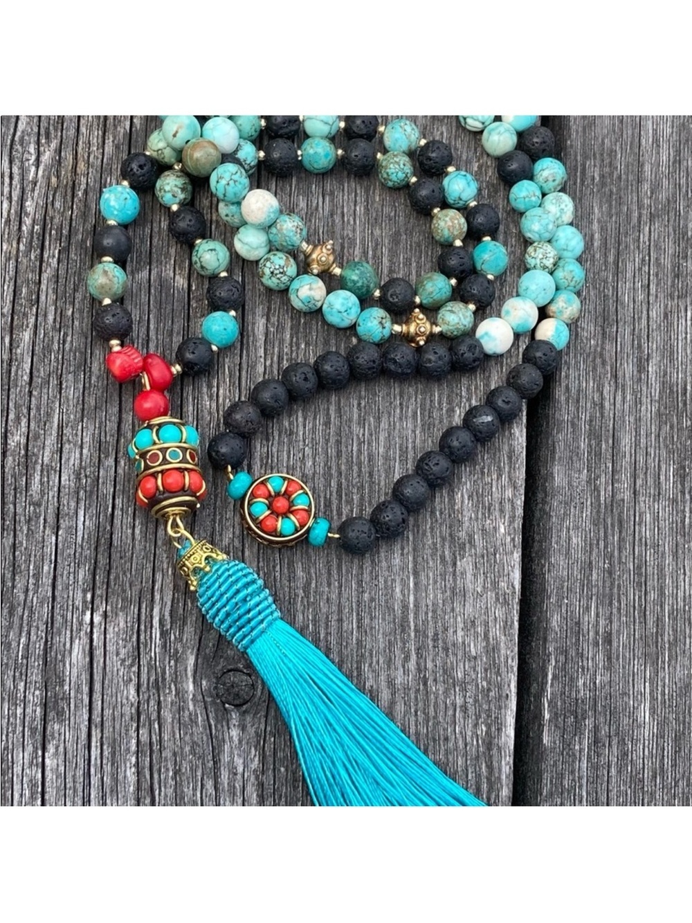New Boho Mala BNWT Handmade Semiprecious Howlite, Turquoise, Coral & La…